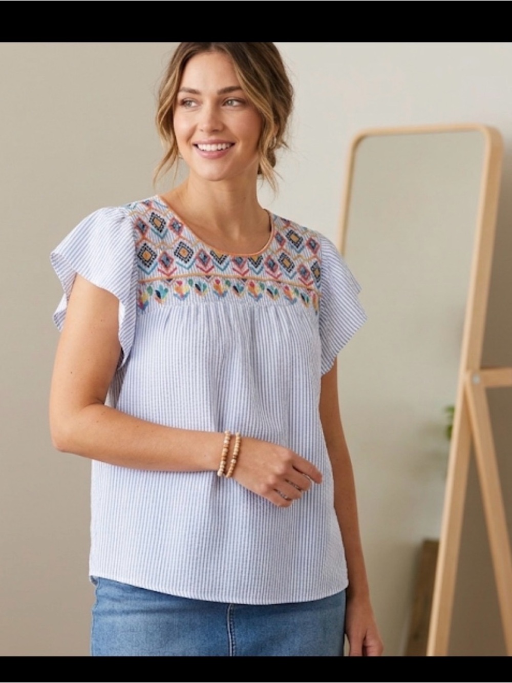 Perch by Blu Pepper Embroidered Top 1XL Blue White Stripe Boho Cottagecore Folk